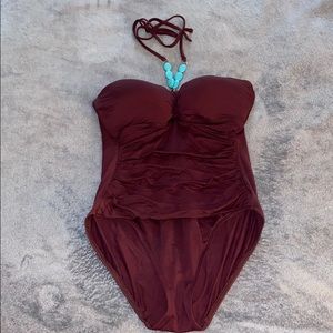 Lauren bandeau turquoise gem halter one piece swim